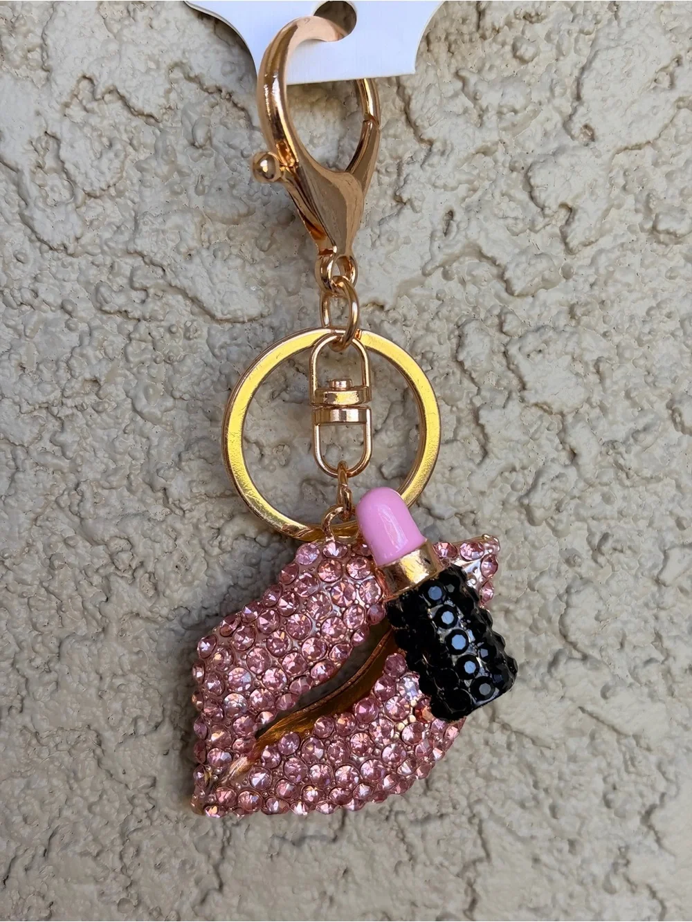 Sparkling Gold-Tone Pink Crystal Lip & Lipstick Keychain